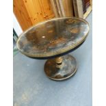 A LACQUER WORK CENTRE TABLE WITH BRASS GALLERY.