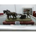 A BRONZE FIGURE ON MARBLE BASE, PLOUGHMAN AND TEAM.