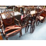 A SET OF EIGHT GEORGIAN STYLE MAHOGANY AND INLAID DINING CHAIRS.