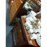 AN OAK SIDE CABINET AND A LARGE MIRROR.