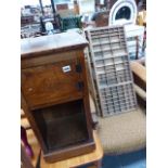 TWO PRINTER'S TRAYS, A TRITPYCHE MIRROR AND A BEDSIDE CABINET.