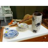 A LARGE POTTERY VASE AND VARIOUS CHINAWARE.