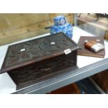 A CARVED OAK BOX, HIP FLASK,ETC.