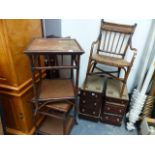 A PAIR OF FAUX BAMBOO SIDE TABLES AND A SIMILAR CHAIR.