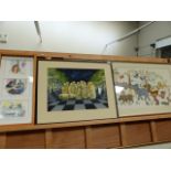 A SURREALIST WATERCOLOUR SIGNED C R RICHARDSON TOGETHER WITH A GROUP OF THREE PENCIL SIGNED CARTOONS