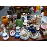 A QTY OF ORNAMENTAL POTTERY AND ORNAMENTS,ETC.
