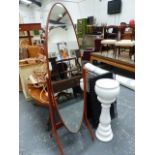 A CHERRY WOOD FRAMED CHEVAL MIRROR AND A JARDINIERE.
