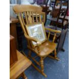 AN ANTIQUE STYLE ROCKING CHAIR, A COFFEE TABLE, TWO EDWARDIAN TABLES, A CABINET AND A FIRESCREEN,