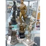 TWO SPELTER FIGURES AND A SILVERED BRASS FIGURE.
