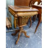 A VICTORIAN INLAID WALNUT WORK TABLE.