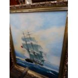 AN OIL PAINTING OF A SALING SHIP.