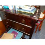 A SMALL OAK CHEST OF DRAWERS, OTTOMAN, TWO BASKETS AND A MAHOGANY NEST OF DRAWERS.