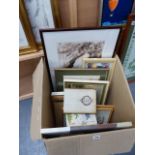 A BOX OF PAINTINGS AND PRINTS.