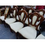 A SET OF TEN ANTIQUE STYLE MAHOGANY DINING CHAIRS.