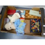 A SNOOPY PLUSH TOY, DARTS, CHESS SET, ETC.