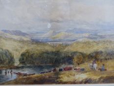 ATTRIB. TO DAVID COX JUNIOR. (1809-85) CHIRK AQUEDUCT, SIGNED WATERCOLOUR. 24 x 36cms. TOGETHER WITH
