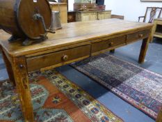 A LARGE 19th.C.COUNTRY HOUSE PINE SCULLERY KITCHEN TABLE WITH HEAVY TWO PLANK SYCAMORE/MAPLE TOP