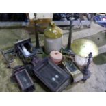 A GROUP OF VARIOUS HALL LANTERNS, THREE TABLE LAMPS, STONEWARE CROCKS, ETC.