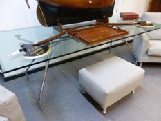 A MID CENTURY DESIGN NOMOS CHROME FRAMED GLASS TOP TABLE. 100 x 220 x H.76cms.