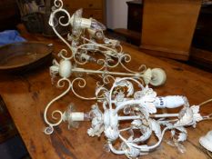 THREE CLASSICAL FRENCH STYLE PAINTED WROUGHT IRON SMALL CHANDELIERS. (3)