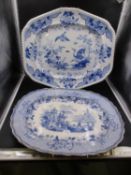 TWO BLUE AND WHITE PLATTERS, THE RIDGWAY EXAMPLE PRINTED WITH THE BANDANA PATTERN, THE OTHER WITH