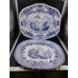TWO BLUE AND WHITE PLATTERS, THE RIDGWAY EXAMPLE PRINTED WITH THE BANDANA PATTERN, THE OTHER WITH
