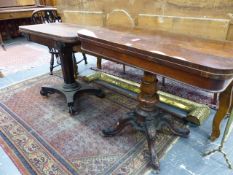 TWO 19th.C.FOLD OVER CARD TABLES, A ROSEWOOD EXAMPLE ON OCTAGONAL TAPERED COLUMN AND PLATFORM BASE