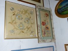 A FRAMED NEEDLEWORK PANEL OF SCROLLING FLOWERS TOGETHER WITH A WATERCOLOUR OF POPPIES. LARGEST 84