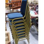 A SET OF THIRTY FOUR GOOD QUALITY METAL FRAMED BANQUETING OR CONFERENCE CHAIRS WITH BLUE