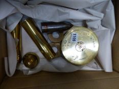 A SMALL GROUP OF VINTAGE SHELL CASES AND PROJECTILES TOGETHER WITH A LARGE FUSE TIMER FROM A