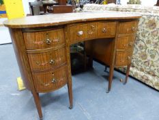 AN ANTIQUE SATINWOOD SHERATON STYLE PAINT DECORATED KIDNEY SHAPED WRITING DESK WITH LEATHER INSET