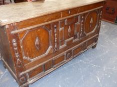 AN 18th.C.OAK PANEL FRONT MULE CHEST. W.135cms.