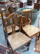 THREE ANTIQUE COUNTRY OAK CHAIRS TO INCLUDE A HIGH BACK EXAMPLE TOGETHER WITH TWO LATER GEORGIAN