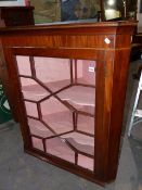 A 19th.C.MAHOGANY AND INLAID GLAZED CORNER CABINET WITH PAINTED INTERIOR. W.95 x H.109cms.