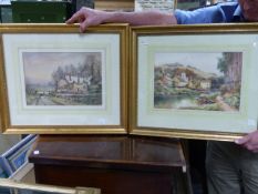 GEORGE GOODALL. 19th/20th.C.. A WATERCOLOUR RIVERSIDE VILLAGE IN A VALLEY. 34 x 23cms TOGETHER