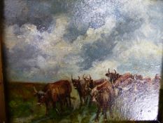 19th/20th.C.ENGLISH SCHOOL. A HERD OF CATTLE, MONOGRAMED INDISTINCTLY, OIL ON BOARD. 12.5 x 16cms.