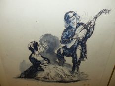 AUGUSTUS JOHN (1878-1961) (ARR) A MUSICIAN SERENADING A SEATED WOMAN, PEN, INK AND WASH. 23.5 x