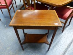 AN EDWARDIAN MAHOGANY SATINWOOD AND CHEQUER BANDED OCCASIONAL TABLE. 58 x 35 x H.70cms.