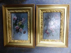 ENGLISH 20th.C.SCHOOL. A PAIR OF FLORAL STILL LIFES, INITIALLED M.H.W., OIL ON BOARD. 13 x 18cms.