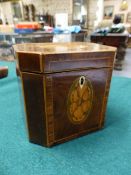 A GEO.III. MAHOGANY INLAID TEA CADDY, THE HINGED LID WITH FLORAL OVAL WITHIN ROSEWOOD