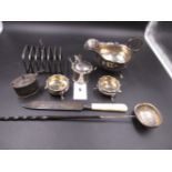 A SELECTION OF EARLY 20th C. SILVERWARE TO INCLUDE A JAMES DIXON & SONS CRUET SET, A CHESTER