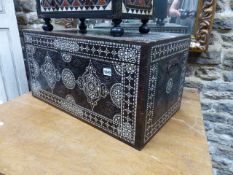 AN ANTIQUE INDO PERSIAN MOTHER OF PEARL INLAID AND CARVED HARDWOOD COFFER WITH CARRYING HANDLES. W.