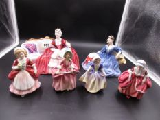 SIX ROYAL DOULTON FIGURES, BELLE O' THE BALL, HN1997, ELYSE, HN2429, GOODY TWO SHOES, HN2037,