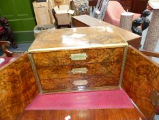 A FINE 19th.C.HUMIDOR CABINET, BURR WALNUT AND BRASS MOUNTED CASE WITH RECESSED CARRYING HANDLE, TWO