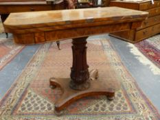 A Wm.IV. SATINWOOD FOLD OVER CARD TABLE ON TURNED CARVED COLUMN AND PLATFORM BASE. W.91 x H.73cms.