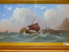 19th/20th.C. ENGLISH SCHOOL. FISHING BOATS OFF A HEADLAND, OIL ON BOARD. 38 x 63cms.