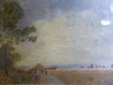 19th.C.ENGLISH SCHOOL. THE HARVEST, OIL ON PANEL. 26.5 x 40cms.