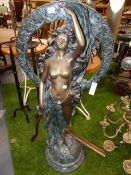 AN ART NOUVEAU STYLE LARGE BRONZE FIGURE OF A CLASSICALLY DRAPED MAIDEN ASCENDING. H.127cms.