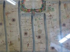 AN ANTQUE HAND COLOURED MAP BY JOHN OGILBY, THE ROAD FROM HUNTINGDON TO IPSWICH. 34 x 47cms.