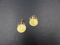 TWO 22ct ONE DOLLAR LIBERTY HEAD GOLD COINS, DATED 1849 AND POSSIBLY 1831? (DATE RUBBED), BOTH FIXED